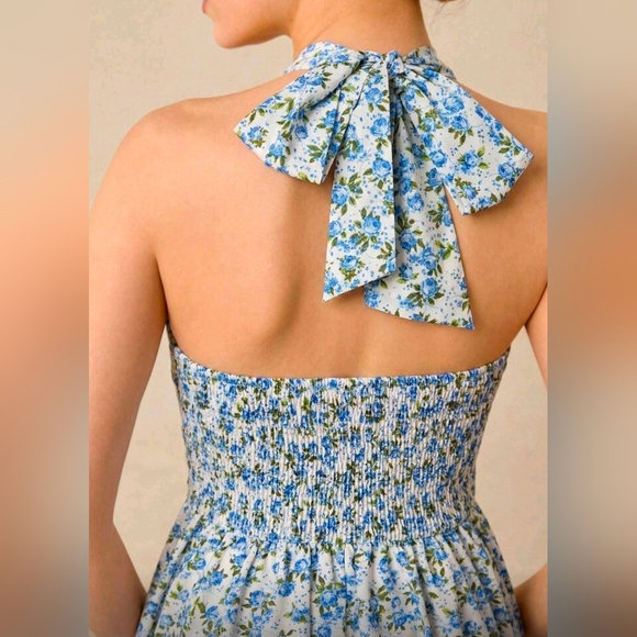 New Rose Floral Tie Halter Ruched Waist Midi Dress Blue White - Picture 4 of 10